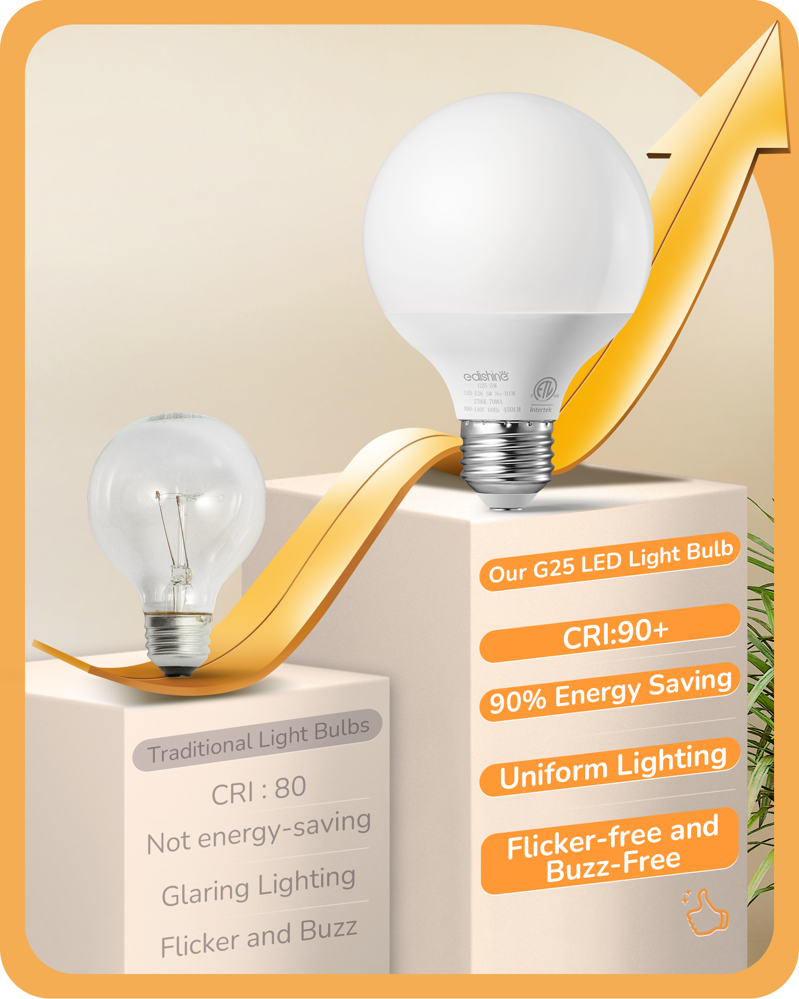 EDISHINE 4 Pack G25 LED Globe Light Bulbs, CRI90+, 5W Equivalent 25W, 2700K Warm White 450LM, E26, Non-dimmable-HNLG25A-B2B
