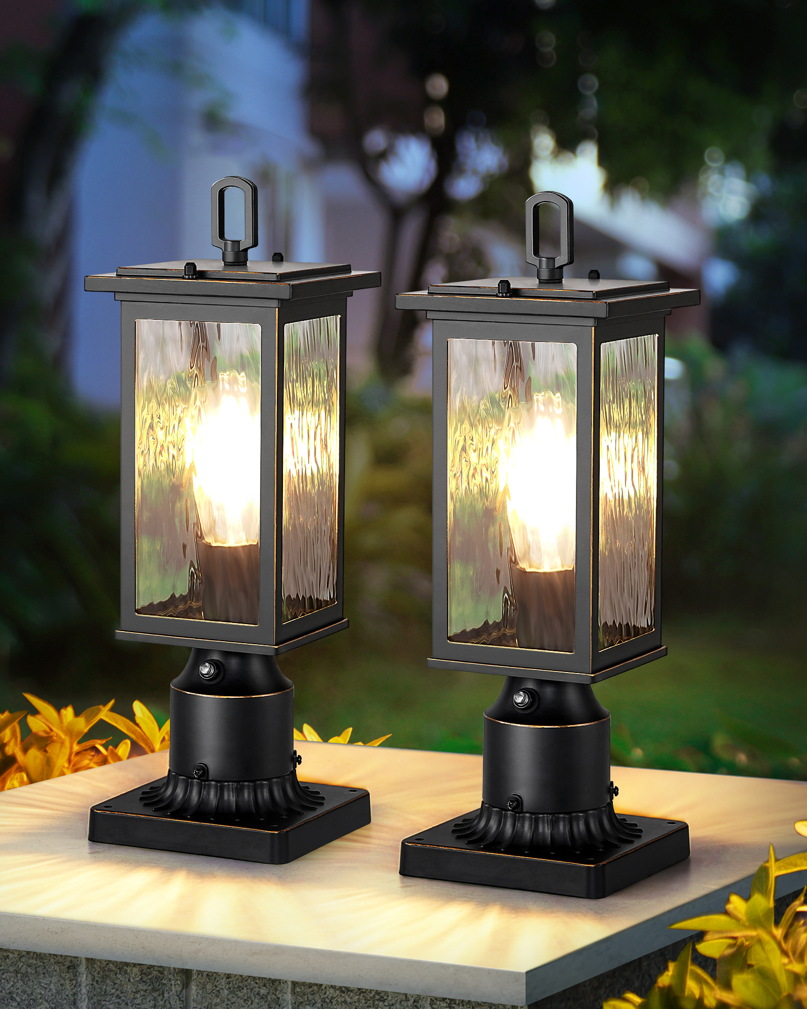 EDISHINE 2 Pack Water Ripple Glass & Aluminum Dusk to Dawn Outdoor Post Light-ZHOPL04A2