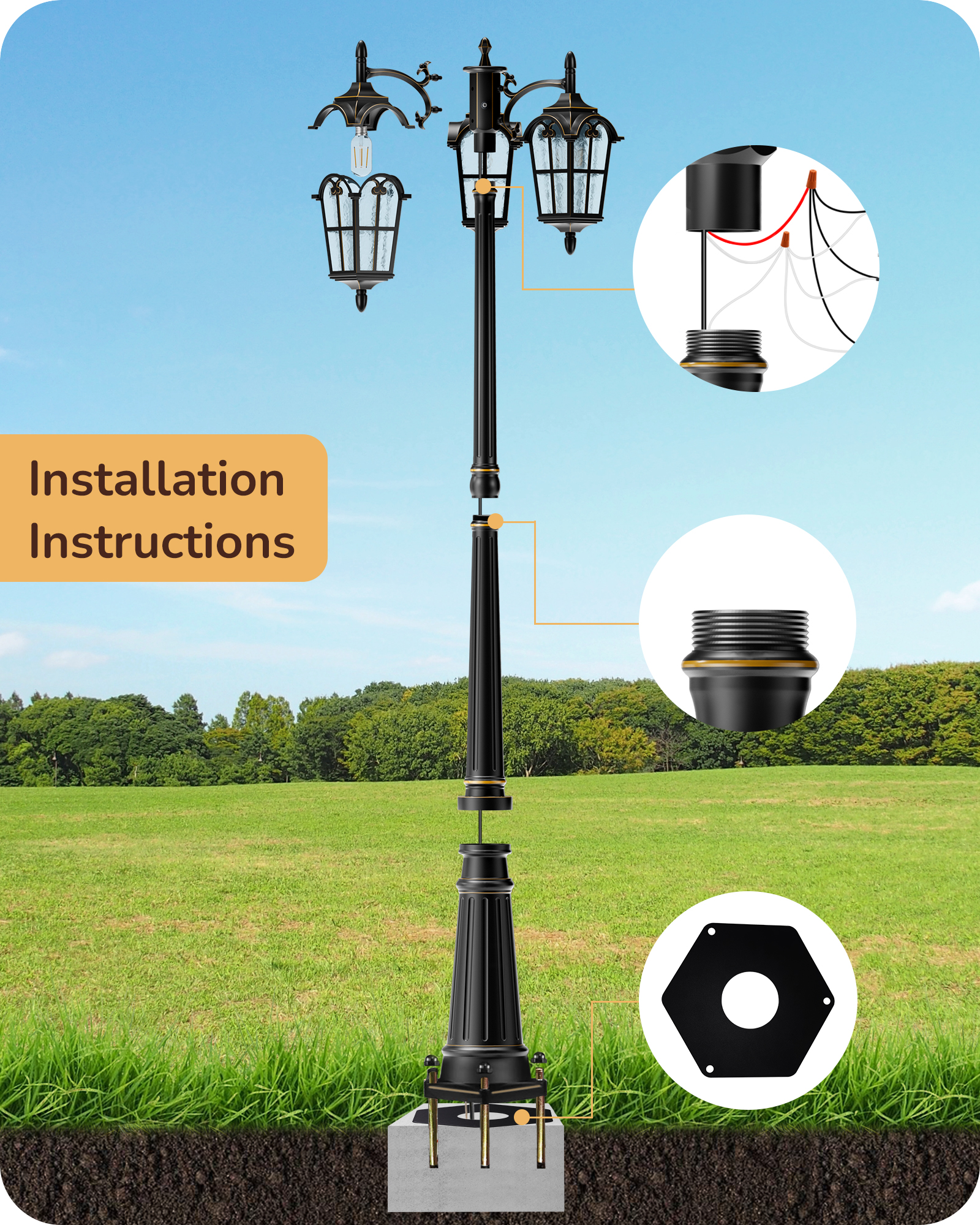 EDISHINE 3-Head Outdoor Lamp Post Light -HOPL05A