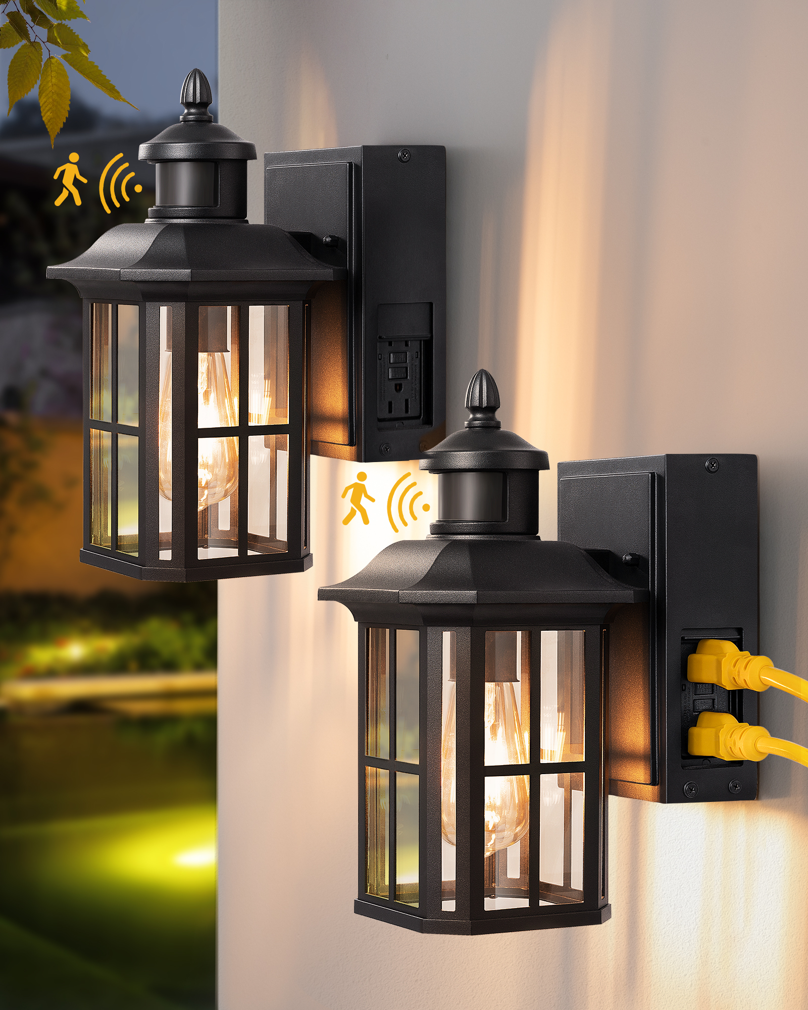 EDISHINE 2 Pack Dusk to Dawn Outdoor Wall Lights with Motion Sensor & GFCI Outlet-ZHOWL08A2