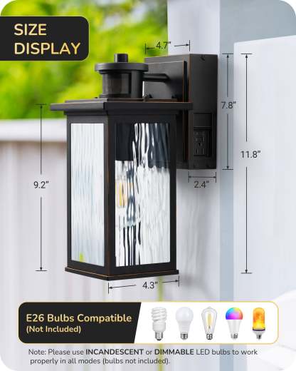 EDISHINE Outdoor Dusk to Dawn Motion Sensor Wall Light with GFCI Outlet-F1HOWL08C
