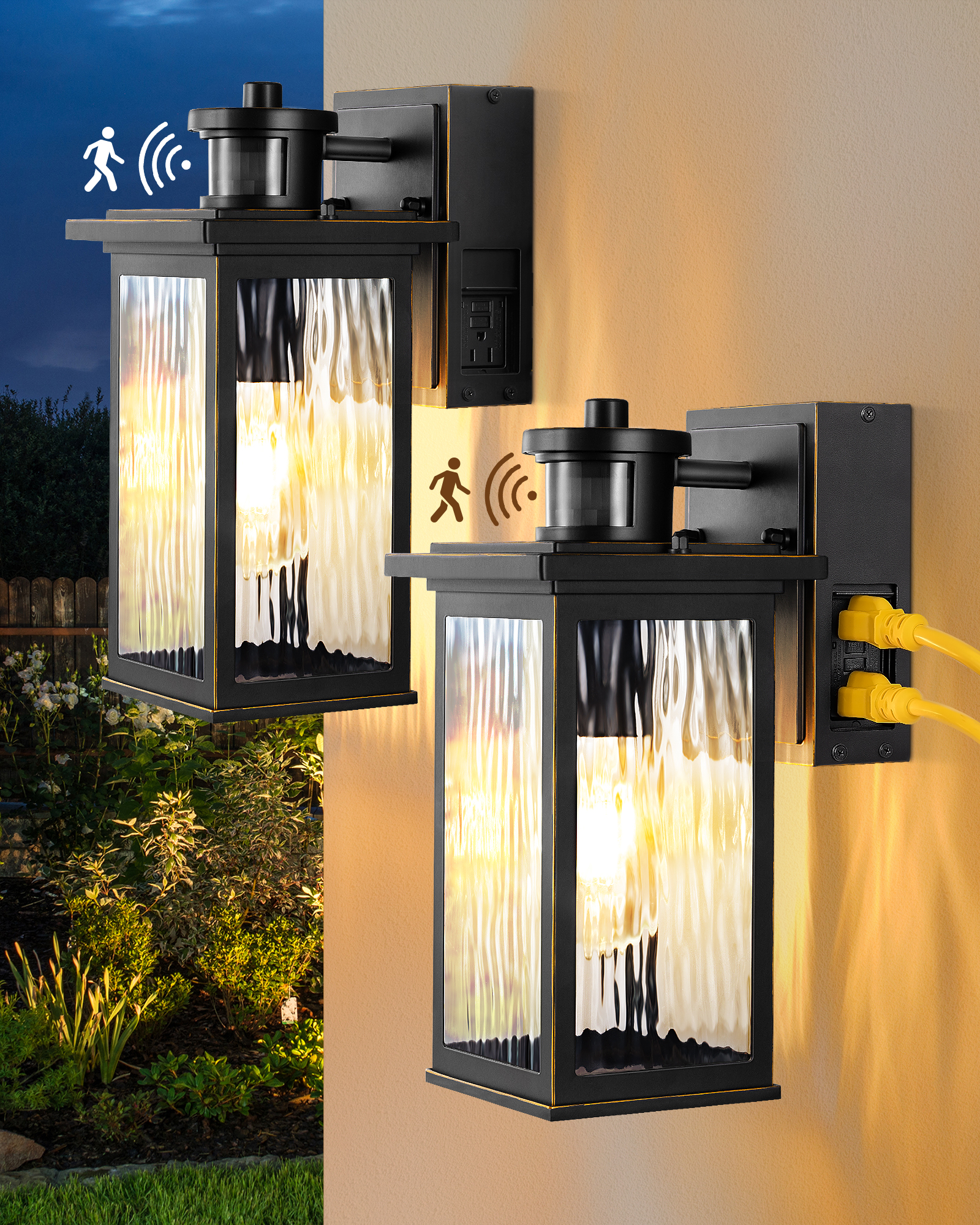 EDISHINE 2 Pack Outdoor Dusk to Dawn Motion Sensor Wall Light with GFCI Outlet-ZHOWL08C2