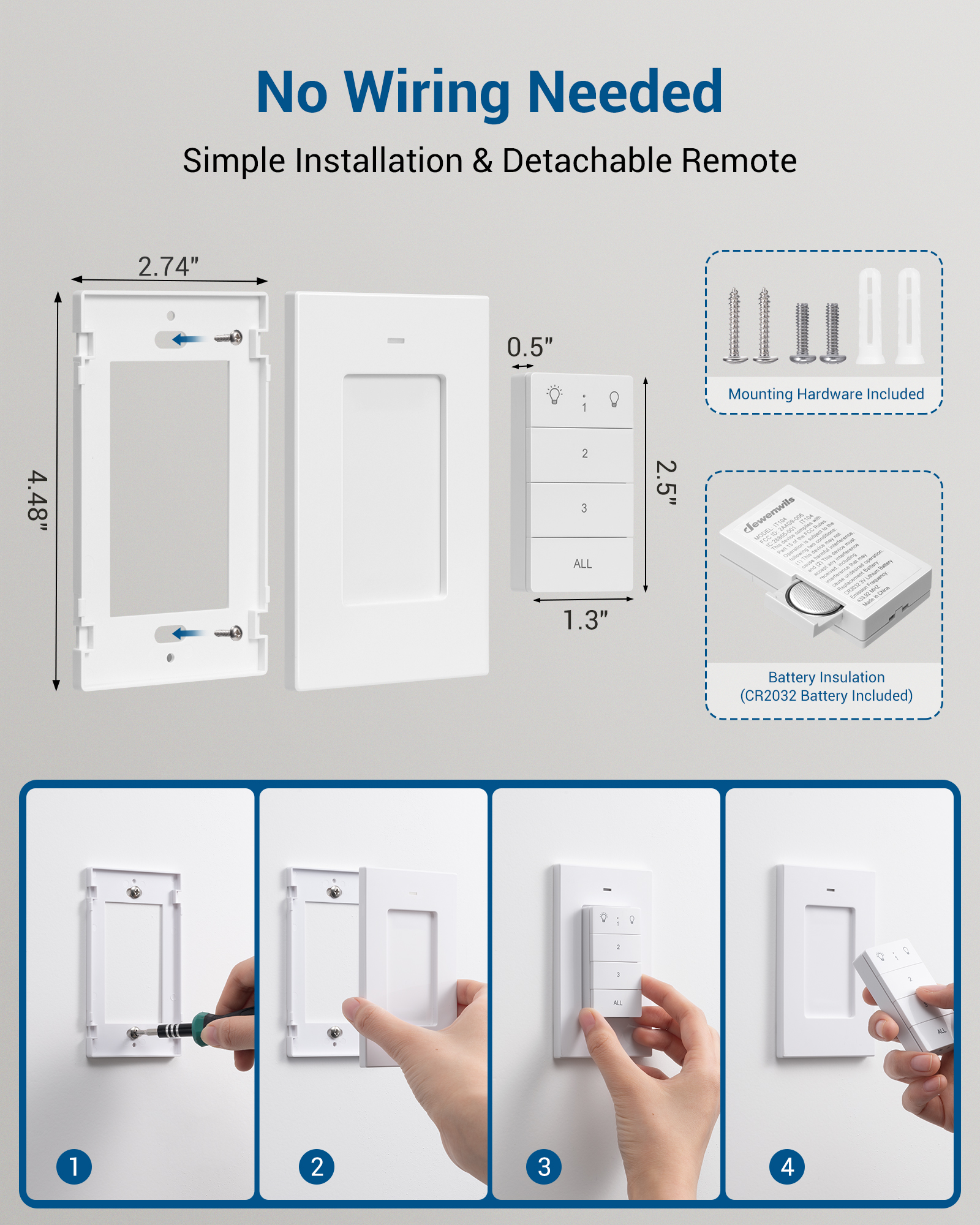 Remote Control Outlet, Wall Mounted Wireless Light Switch, 2 Independent Control Sockets Electrical Remote Outlet Switch, No Wiring,100ft Range-HRLS12L