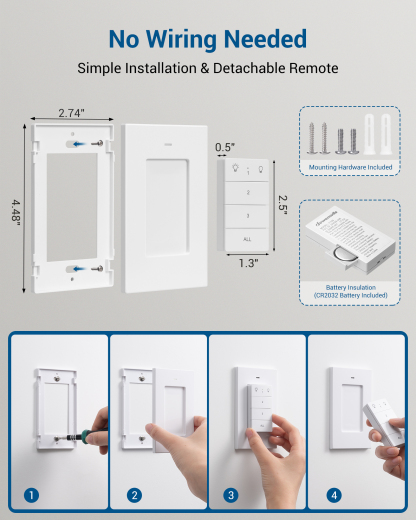 Remote Control Outlet, Wall Mounted Wireless Light Switch, 2 Independent Control Sockets Electrical Remote Outlet Switch, No Wiring,100ft Range-HRLS12L