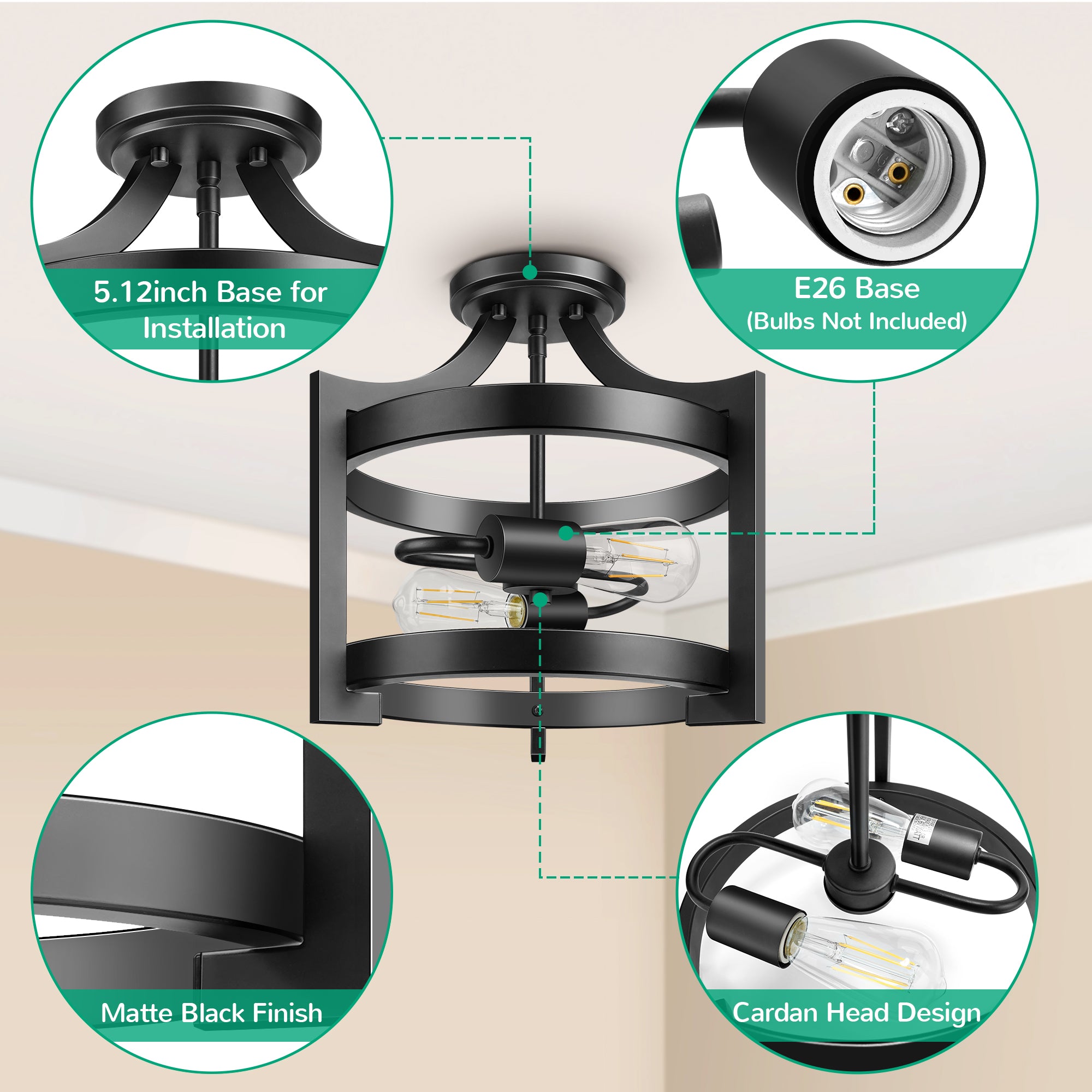 EDISHINE 13.5" 2-Light Flush Mount Ceiling Light-HSCL04C