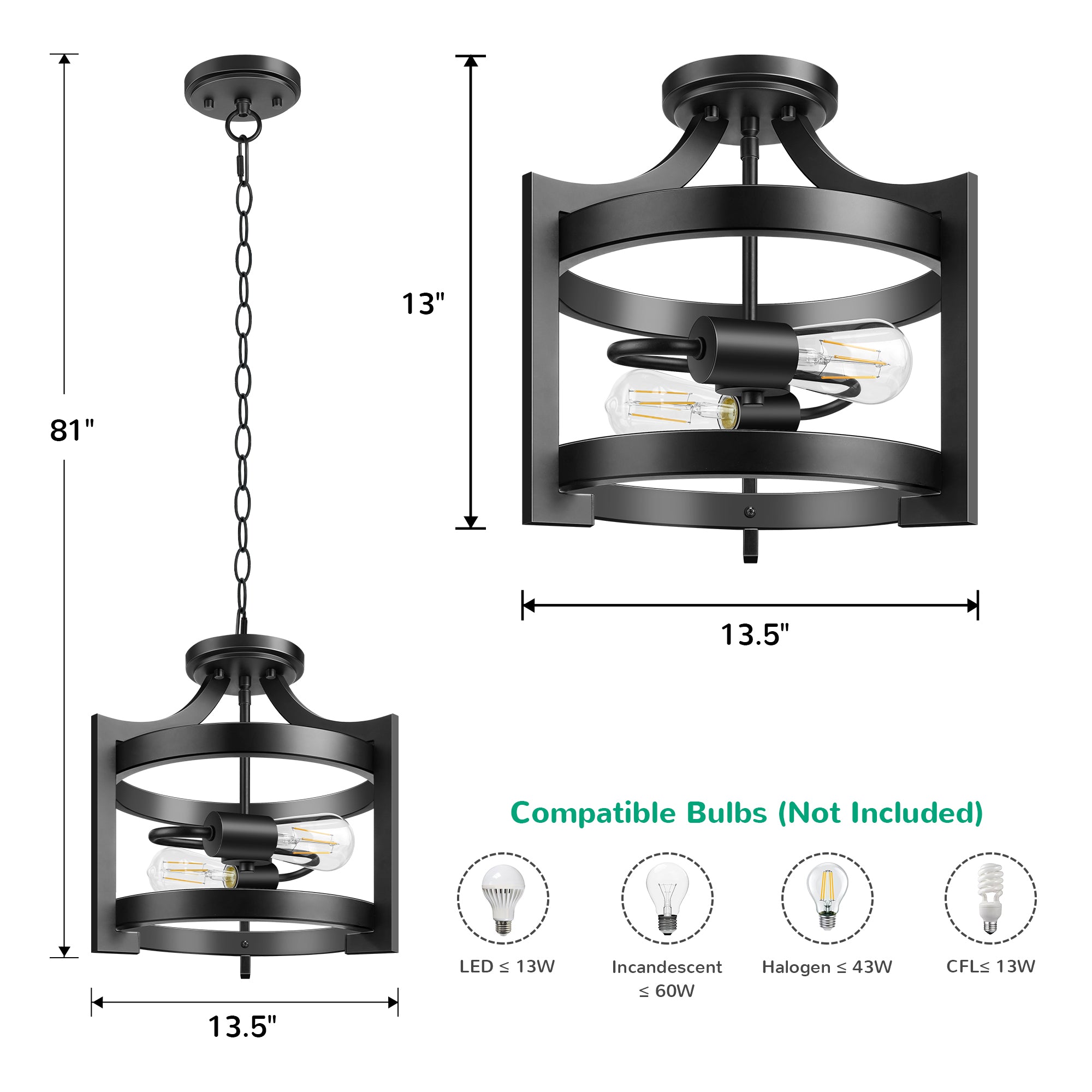 EDISHINE 13.5" 2-Light Flush Mount Ceiling Light-HSCL04C