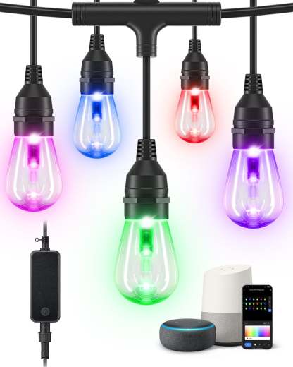 EDISHINE Smart String Lights, 48FT Outdoor Patio Lights with 18 RGB LED Bulbs-HSLW01A-B2B