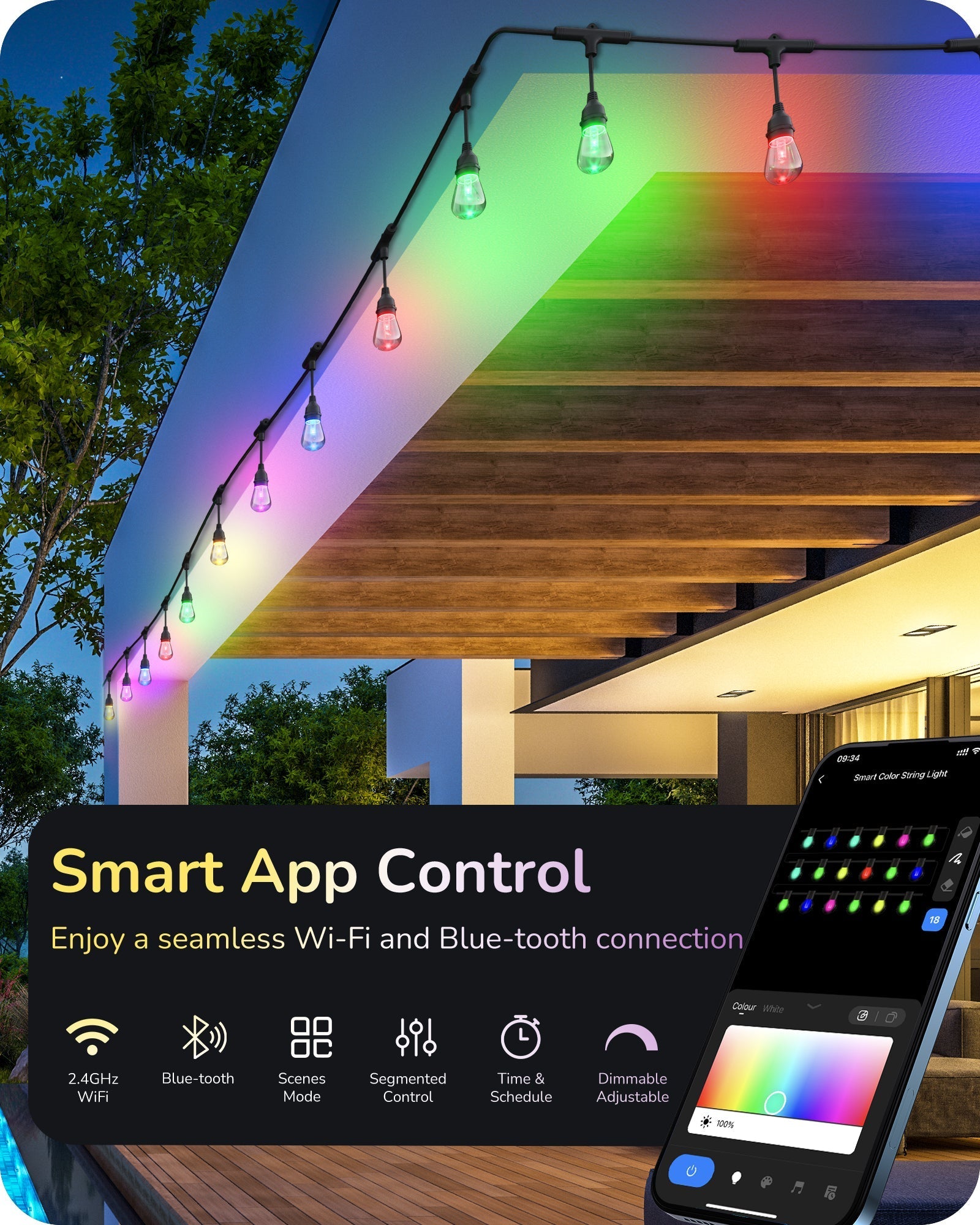 EDISHINE Smart String Lights, 48FT Outdoor Patio Lights with 18 RGB LED Bulbs-HSLW01A-B2B