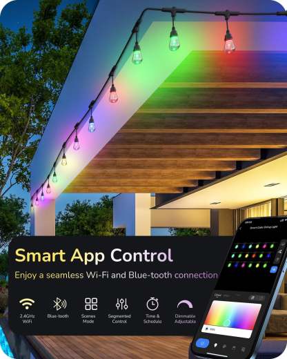 EDISHINE Smart String Lights, 48FT Outdoor Patio Lights with 18 RGB LED Bulbs-HSLW01A-B2B