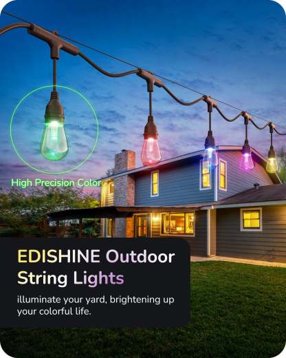 EDISHINE Smart String Lights, 48FT Outdoor Patio Lights with 18 RGB LED Bulbs-HSLW01A-B2B