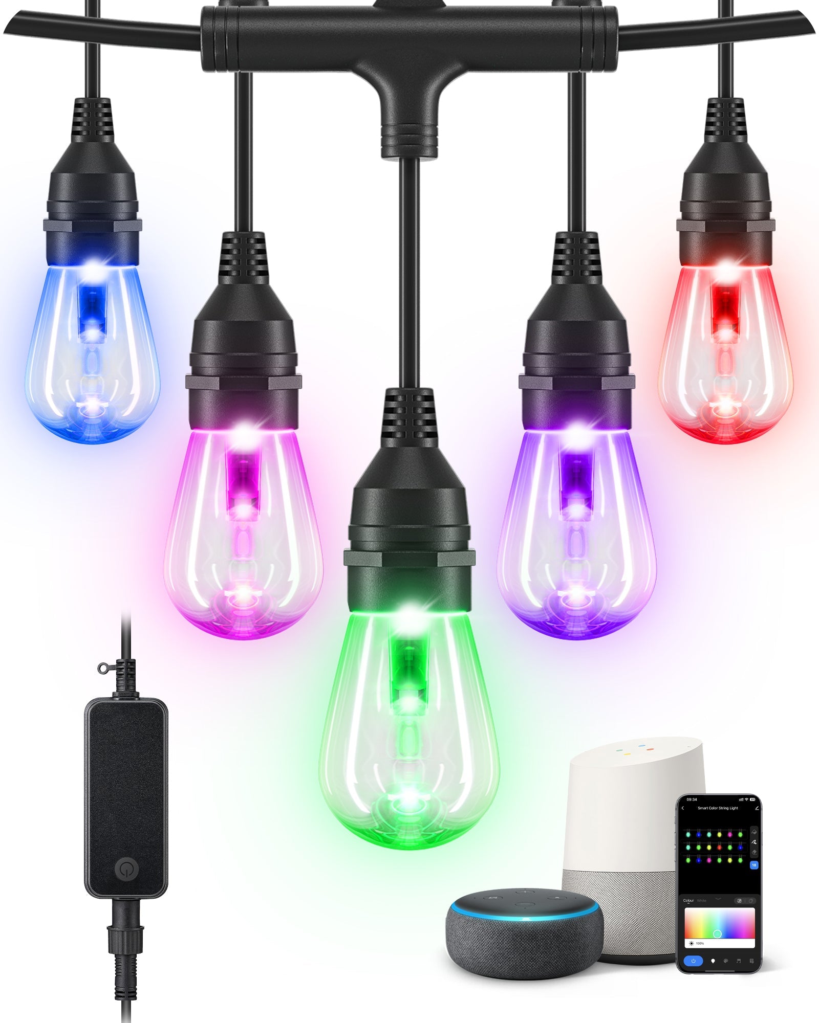 EDISHINE 96FT Smart String Lights, Outdoor String Lights with 36 RGB LED Bulbs-HSLW01C-B2B