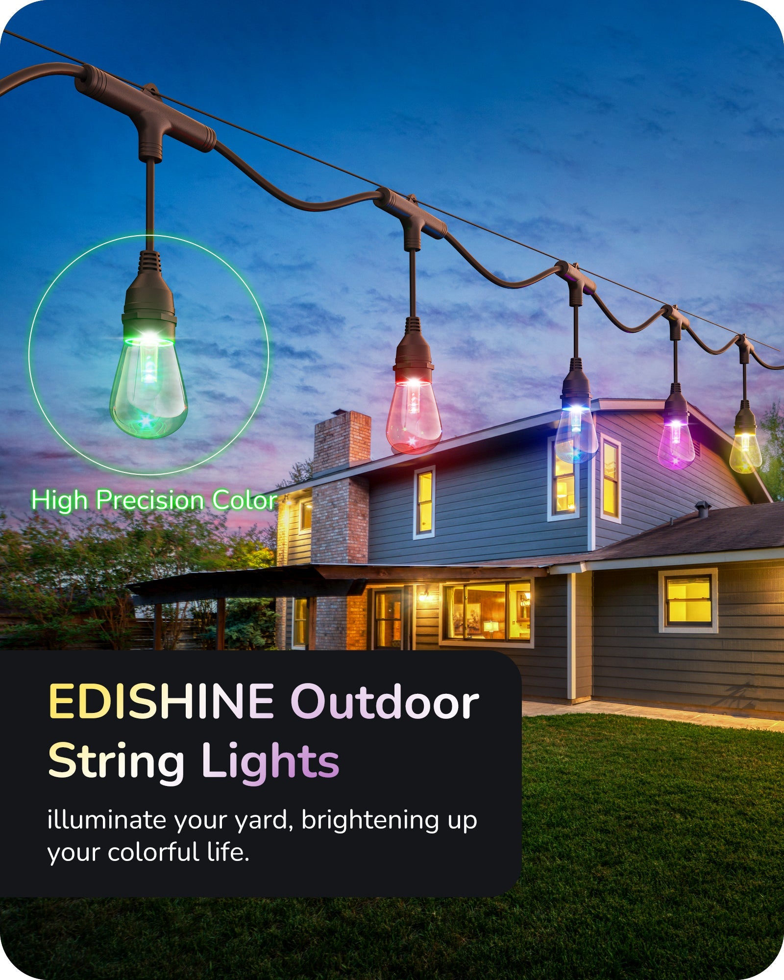 EDISHINE 96FT Smart String Lights, Outdoor String Lights with 36 RGB LED Bulbs-HSLW01C-B2B