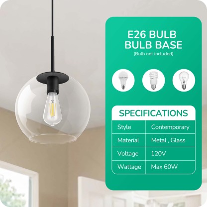 EDISHINE 1- Single Pendant Light With Clear Glass Shade-HWPL01C