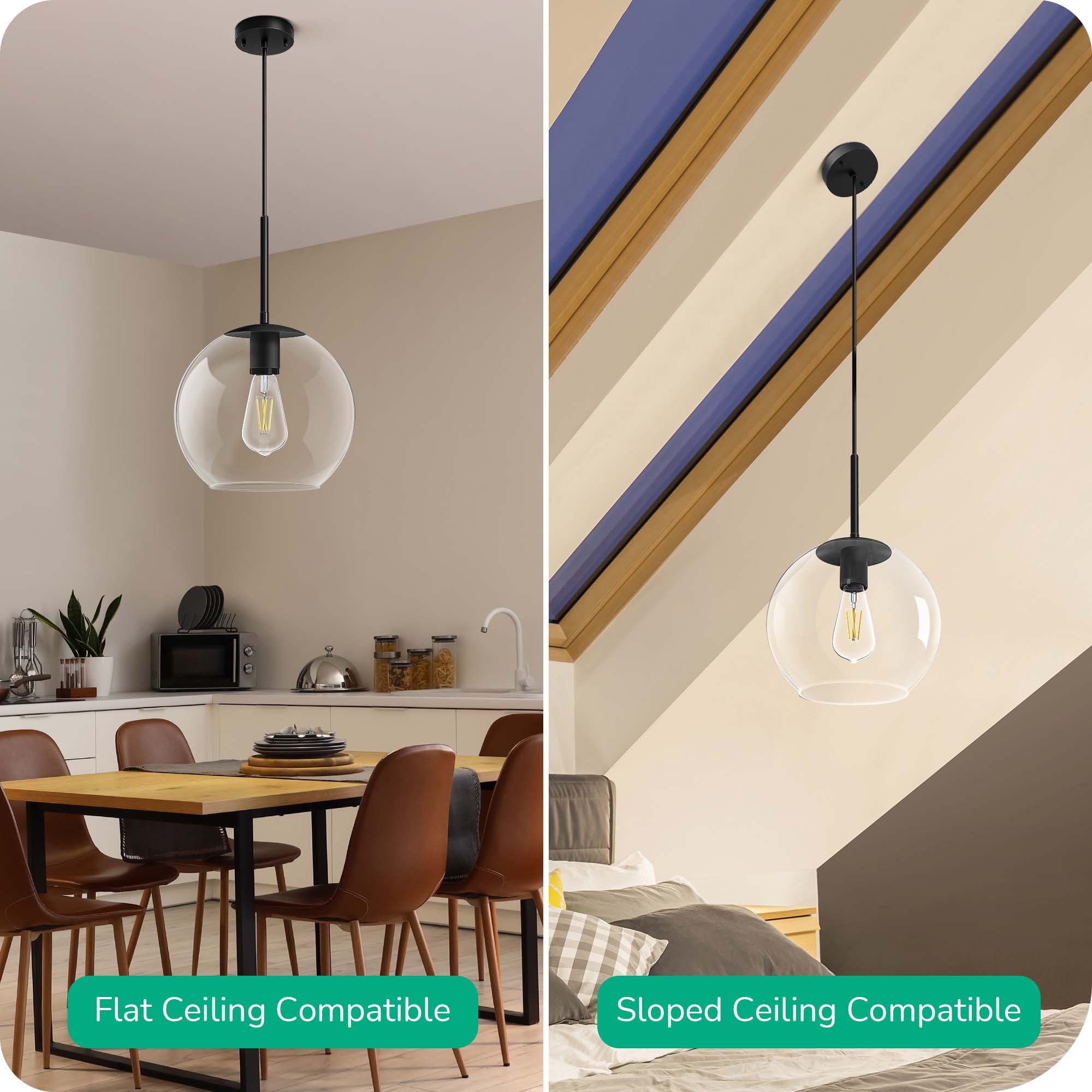 EDISHINE 1- Single Pendant Light With Clear Glass Shade-HWPL01C