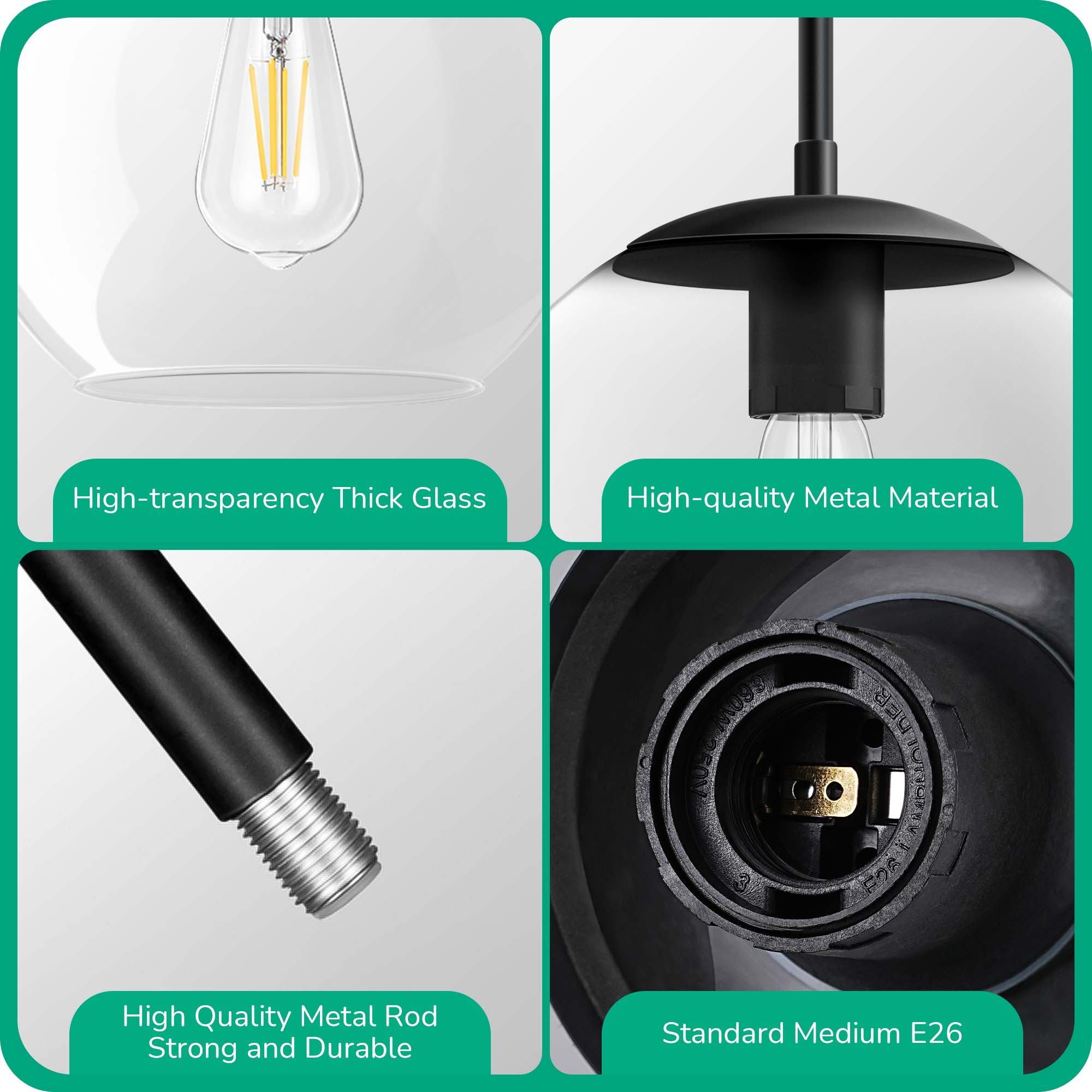 EDISHINE 1- Single Pendant Light With Clear Glass Shade-HWPL01C