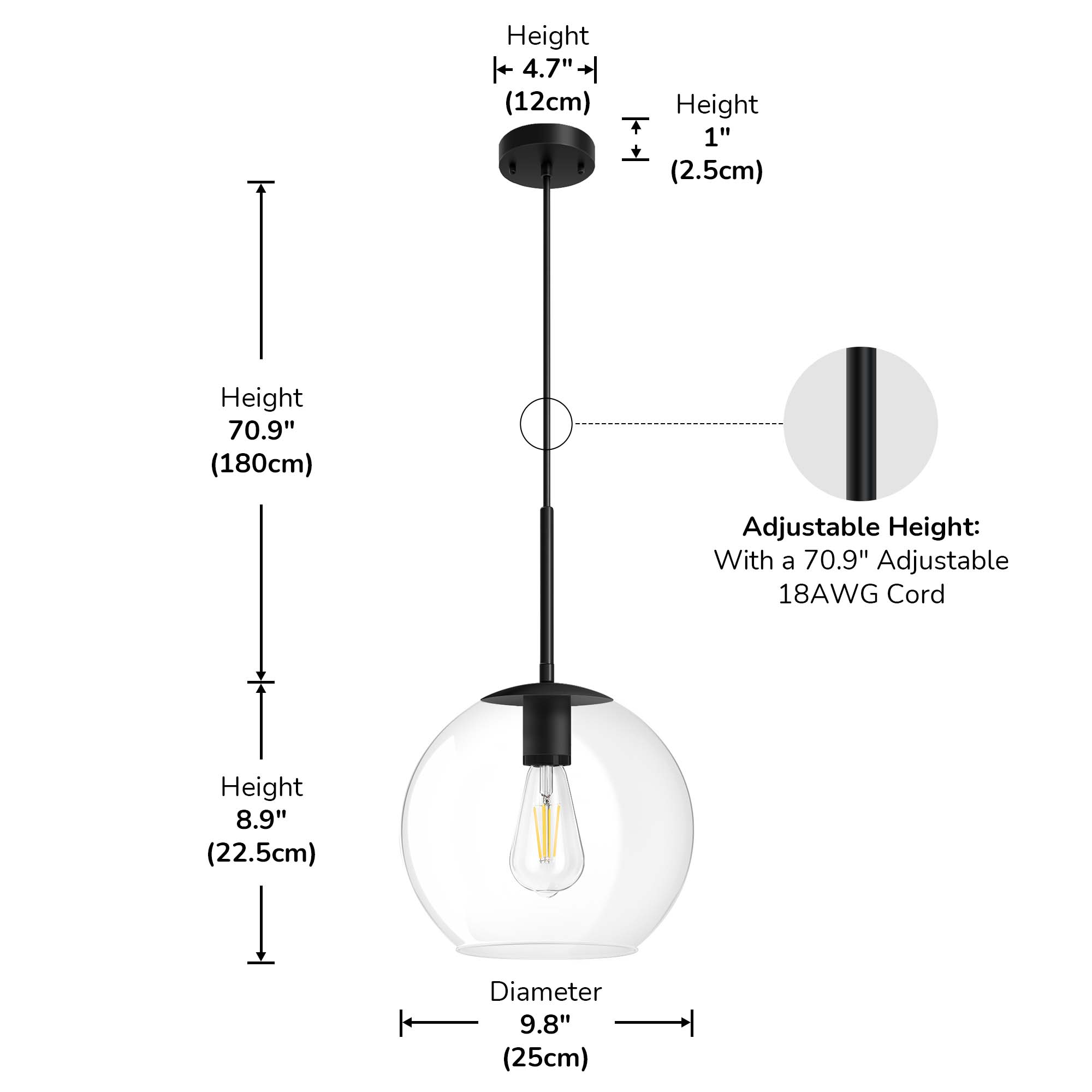 EDISHINE 1- Single Pendant Light With Clear Glass Shade-HWPL01C