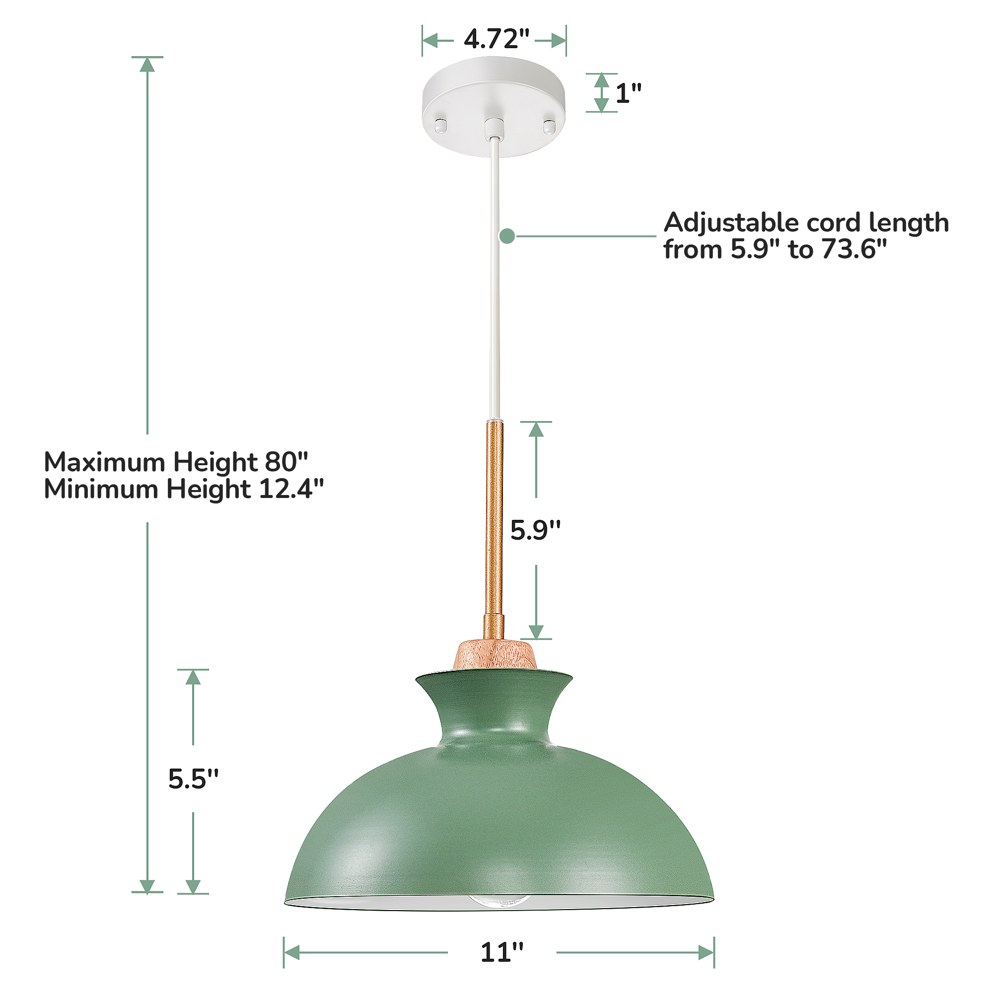 EDISHINE 1- Single Pendant Light With Green Shade-HWPL03B