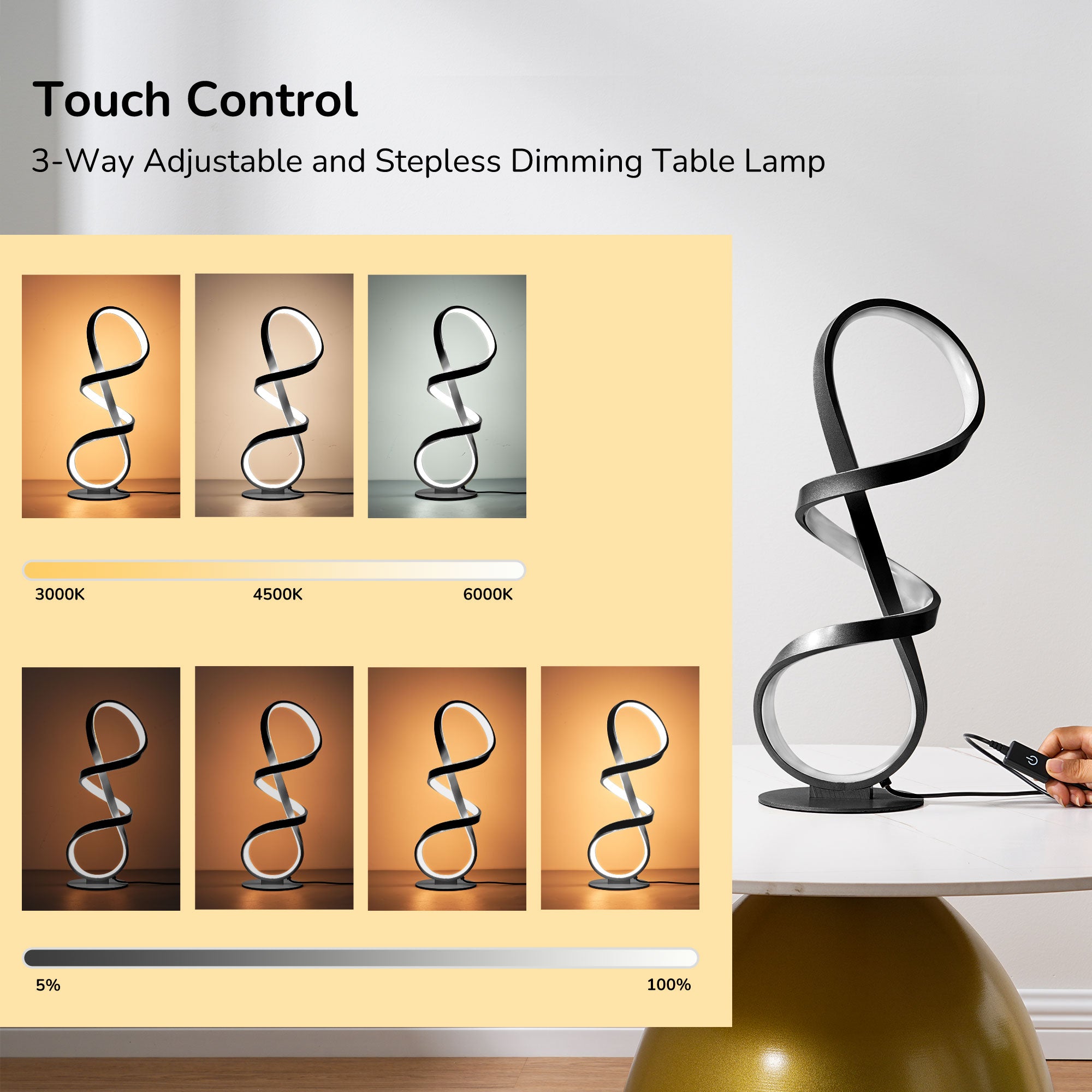 EDISHINE LED Table Lamp,Touch Control,3 Color Temperature,Stepless Dimming,Max 475LM-HWTL02X