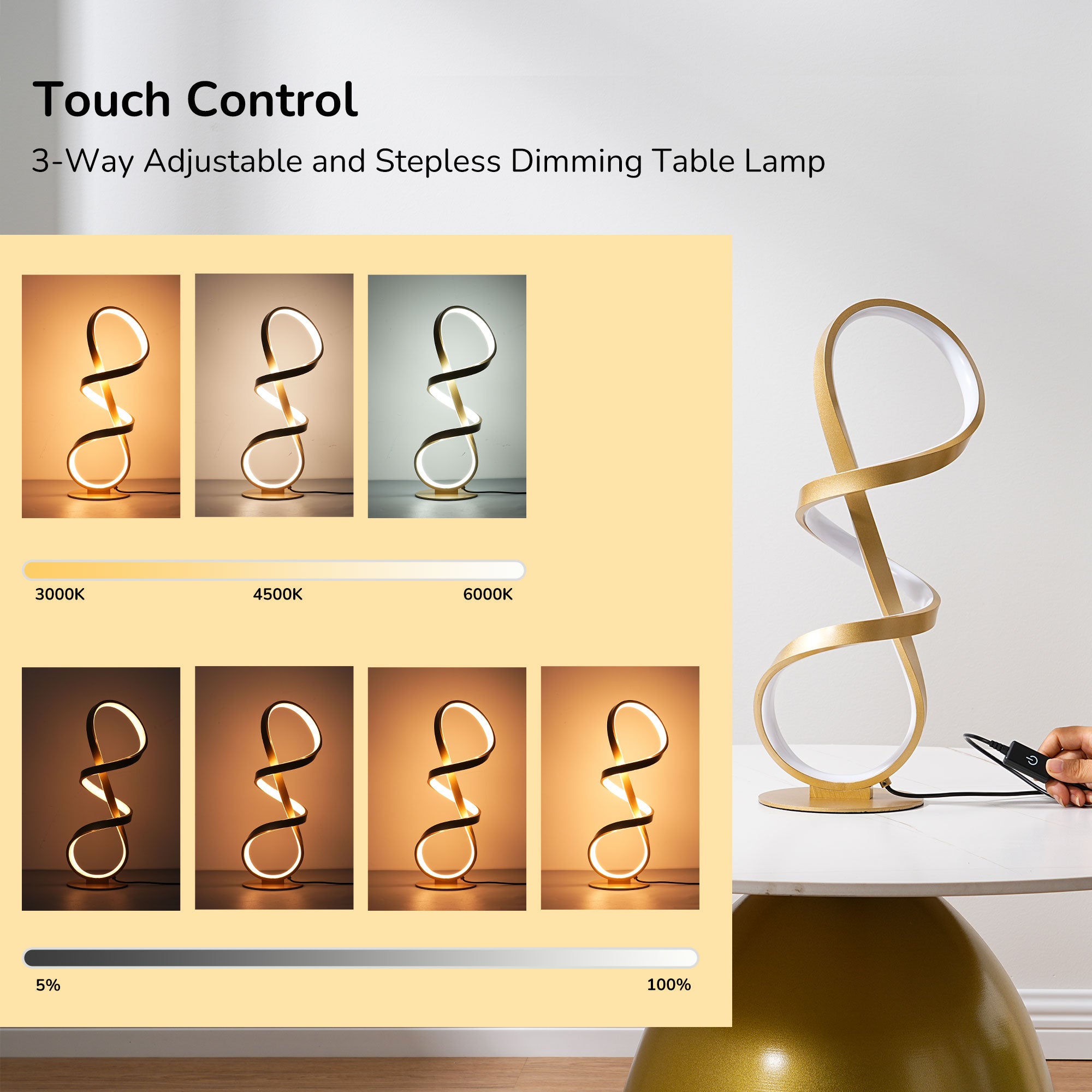 EDISHINE LED Table Lamp,Touch Control,3 Color Temperature,Stepless Dimming,Max 475LM-HWTL02W