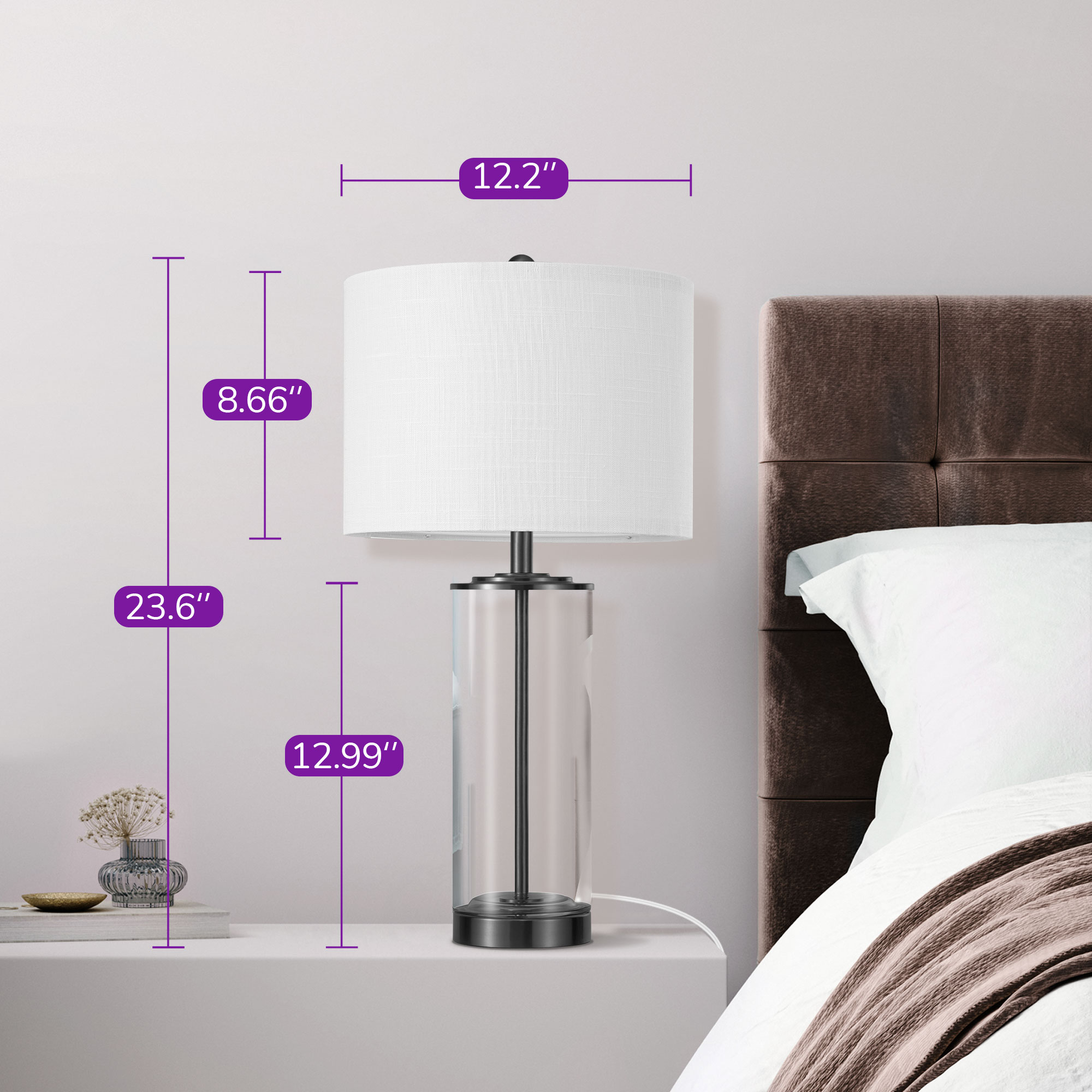EDISHINE Dimmable Glass Table Lamp Set with DIY Fillable Base, Bulbs, Touch Control and USB Ports (Set of 2)-HWTL07A