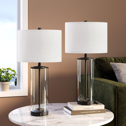 EDISHINE Dimmable Glass Table Lamp Set with DIY Fillable Base, Bulbs, Touch Control and USB Ports (Set of 2)-HWTL07A