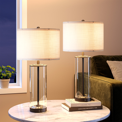 EDISHINE Dimmable Glass Table Lamp Set with DIY Fillable Base, Bulbs, Touch Control and USB Ports (Set of 2)-HWTL07A