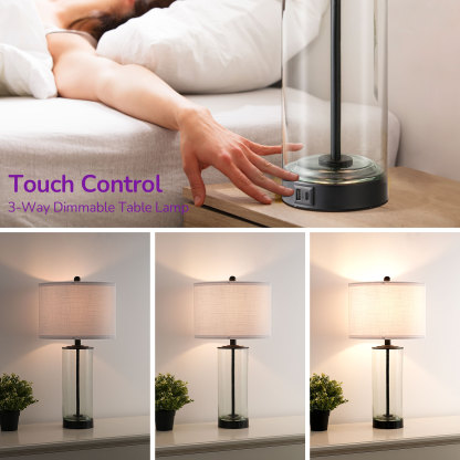 EDISHINE Dimmable Glass Table Lamp Set with DIY Fillable Base, Bulbs, Touch Control and USB Ports (Set of 2)-HWTL07A