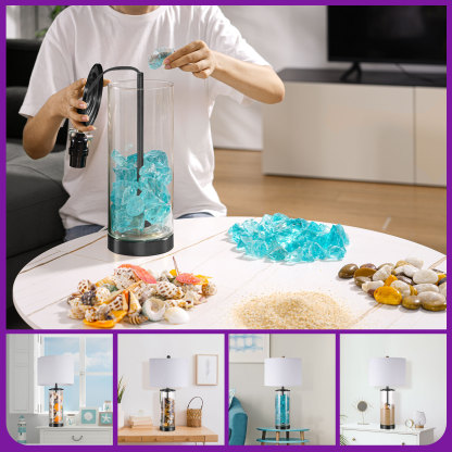 EDISHINE Dimmable Glass Table Lamp Set with DIY Fillable Base, Bulbs, Touch Control and USB Ports (Set of 2)-HWTL07A