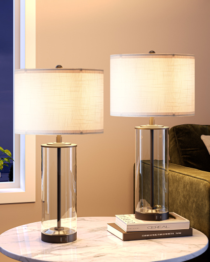 EDISHINE Dimmable Glass Table Lamp Set with DIY Fillable Base, Bulbs, Touch Control and USB Ports (Set of 2)-HWTL07A