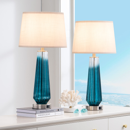 EDISHINE 25.2" Gradient Blue Touch Control Table Lamp with USB and Bulb Included (Set of 2)-HWTL07C