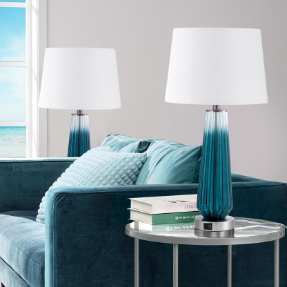 EDISHINE 25.2" Gradient Blue Touch Control Table Lamp with USB and Bulb Included (Set of 2)-HWTL07C