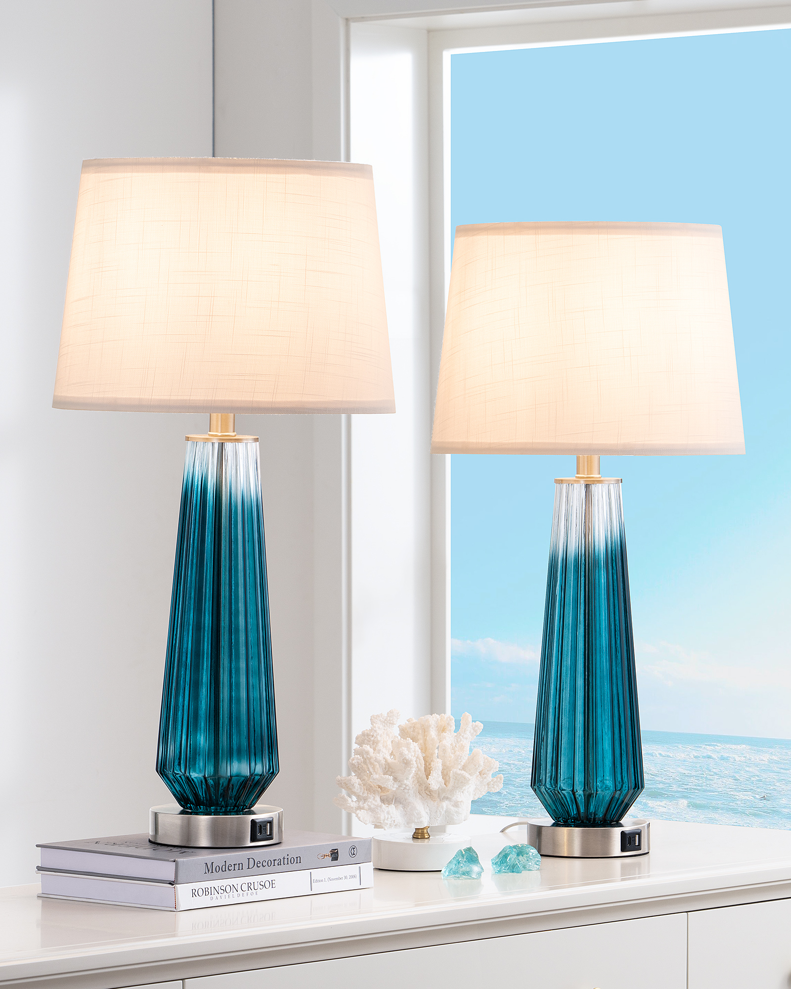EDISHINE 25.2" Gradient Blue Touch Control Table Lamp with USB and Bulb Included (Set of 2)-HWTL07C