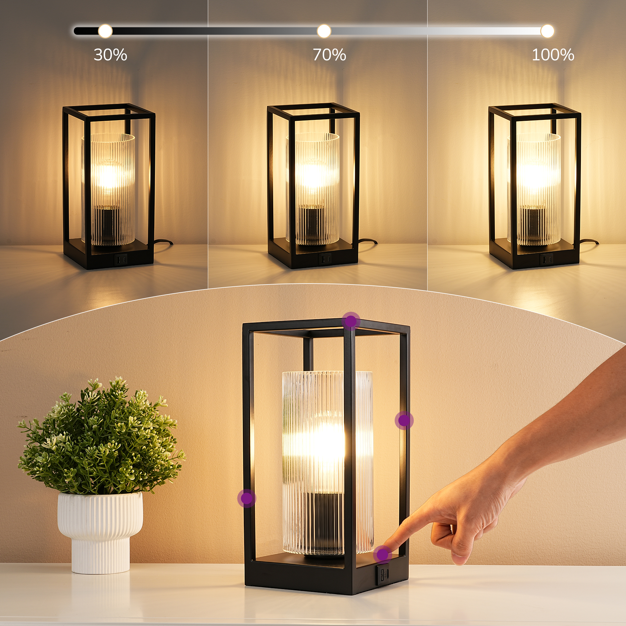 EDISHINE Dimmable Table Lamp With Touch Control And Usb Ports-HWTL12F