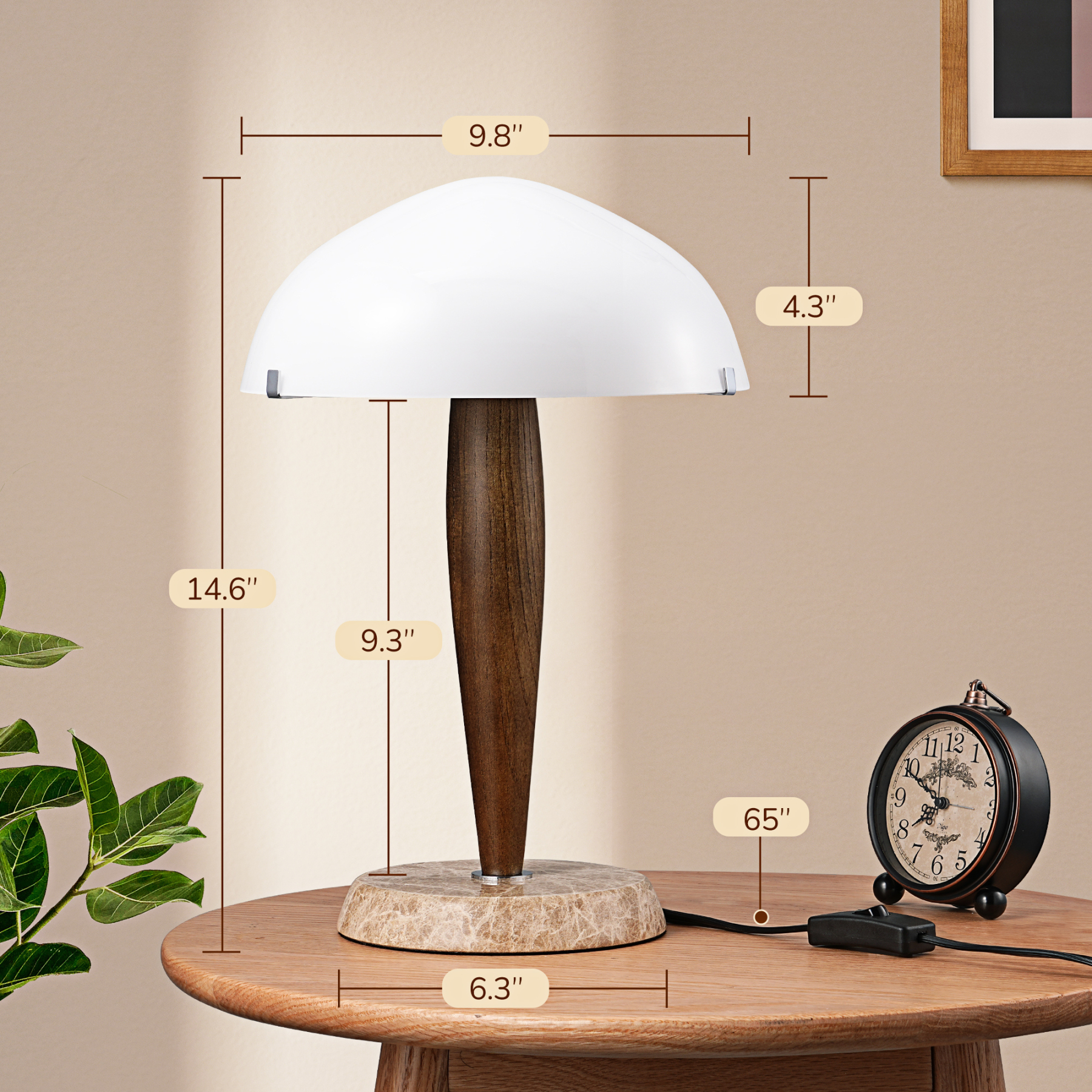 EDISHINE Glass Mushroom Tablelamp With Brown Marble Base-HWTL15E