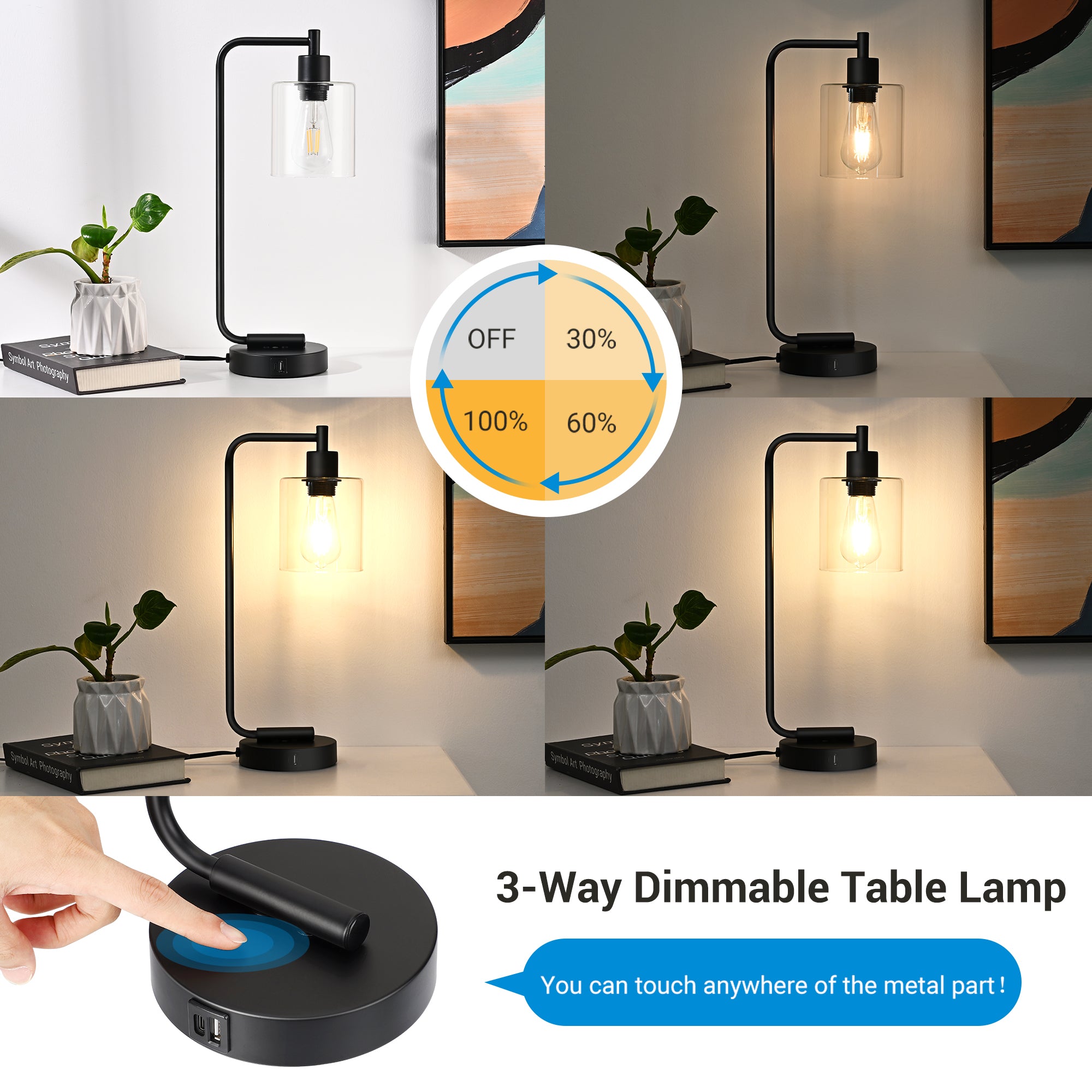 EDISHINE Dimmable Table Lamp with USB,Touch Control-HLTL02N