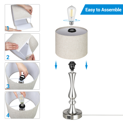 EDISHINE 20.7" Brushed Nickel Table Lamp Set with USB (Set of 2)-HLTL06F