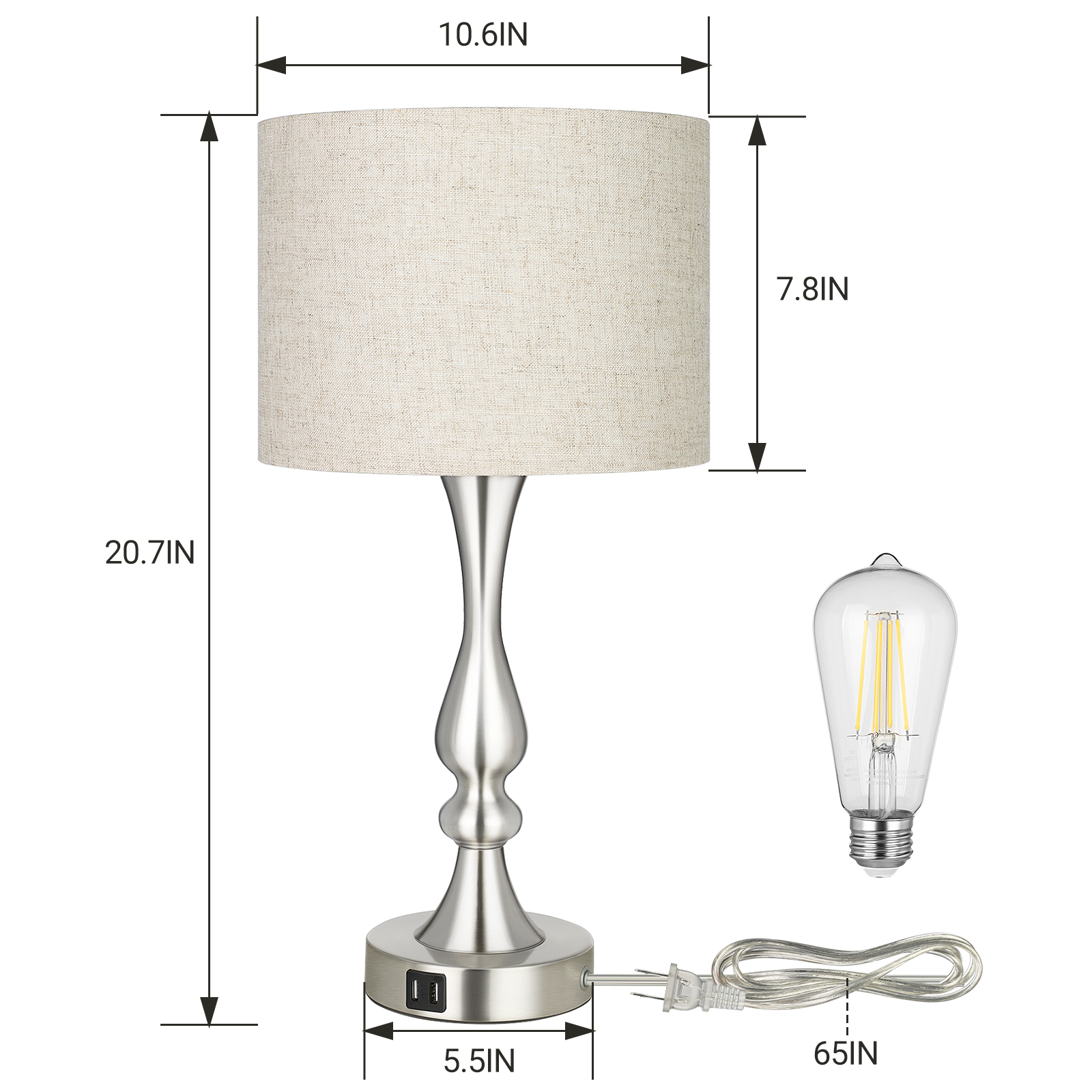 EDISHINE 20.7" Brushed Nickel Table Lamp Set with USB (Set of 2)-HLTL06F