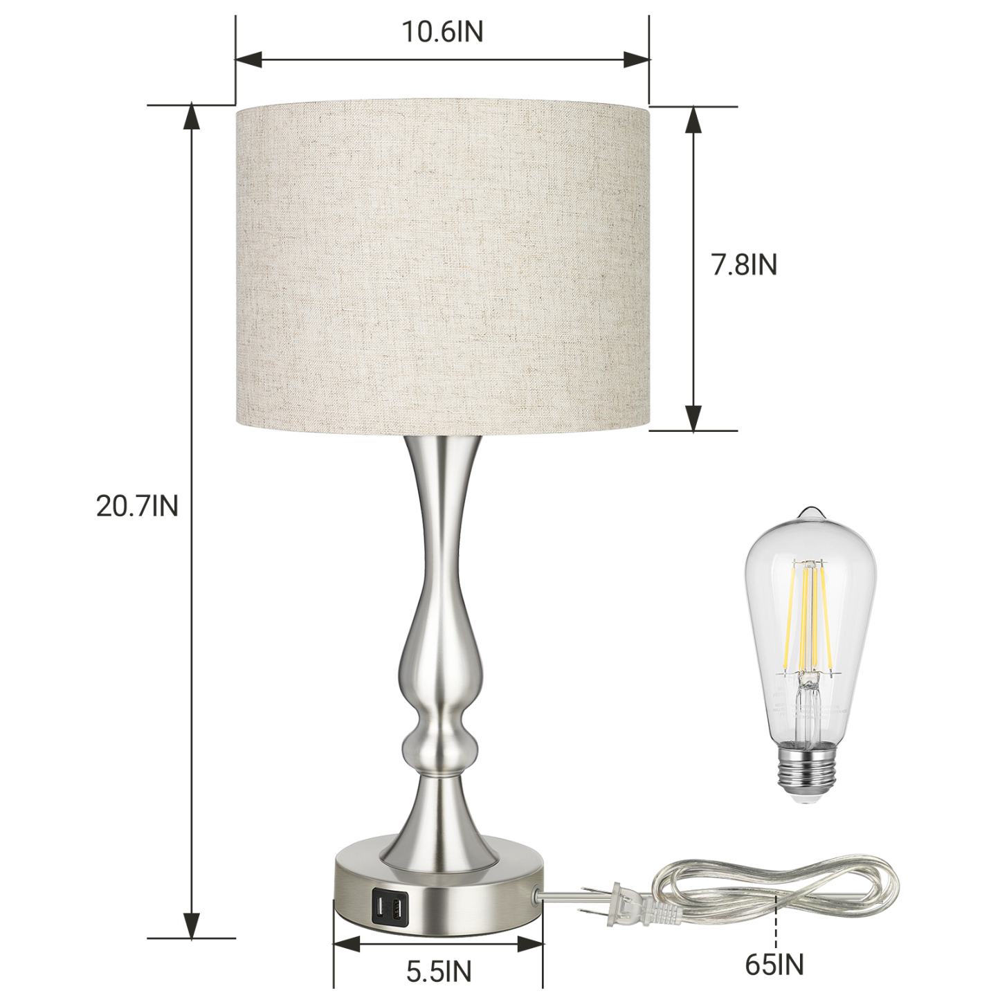 EDISHINE 20.7" Brushed Nickel Table Lamp Set with USB (Set of 2)-HLTL06F