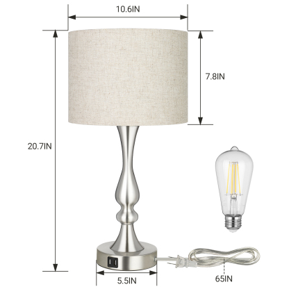EDISHINE 20.7" Brushed Nickel Table Lamp Set with USB (Set of 2)-HLTL06F