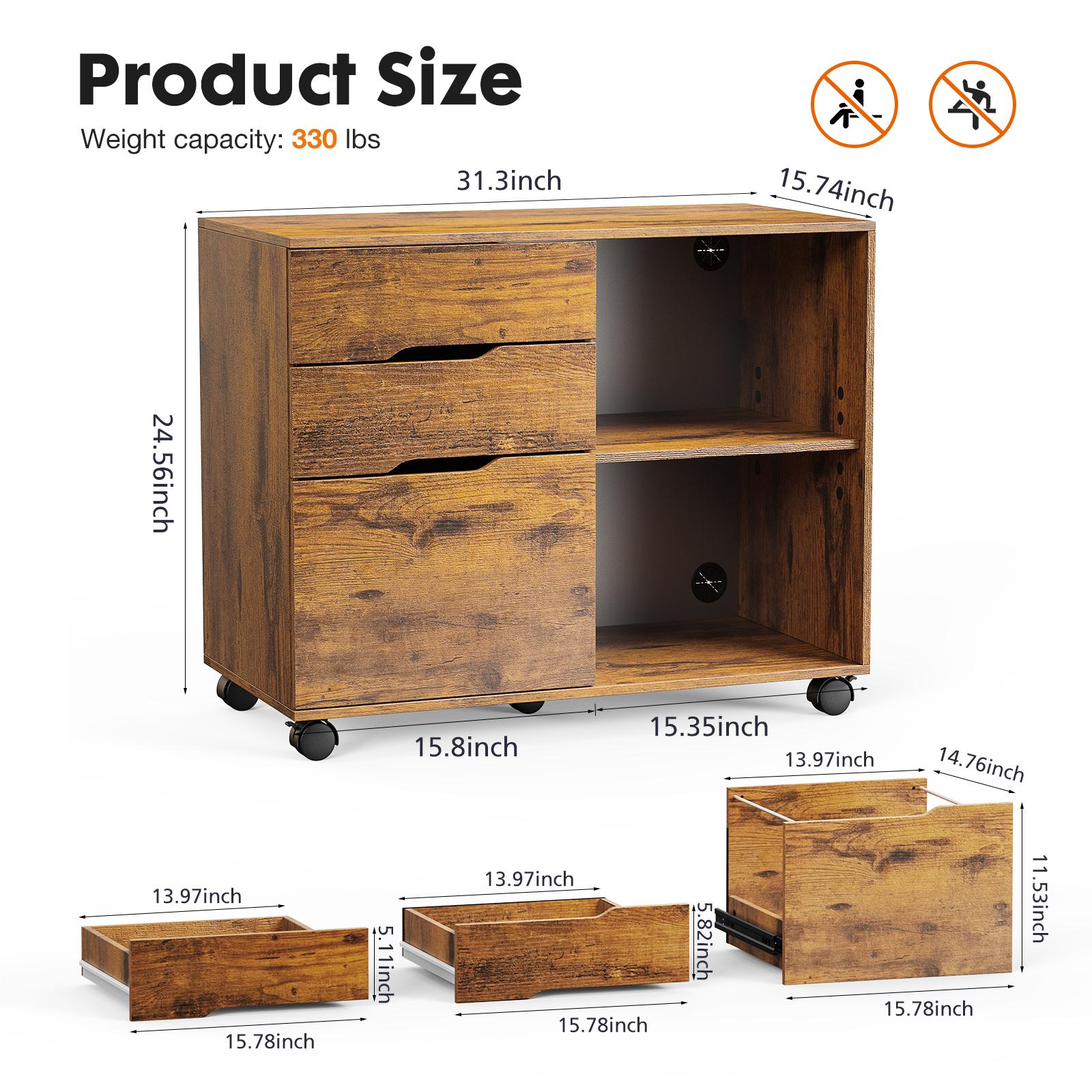 3 Drawer Filing Cabinet Wood Printer Stand with Storage Office Organize Cabinets with Wheels