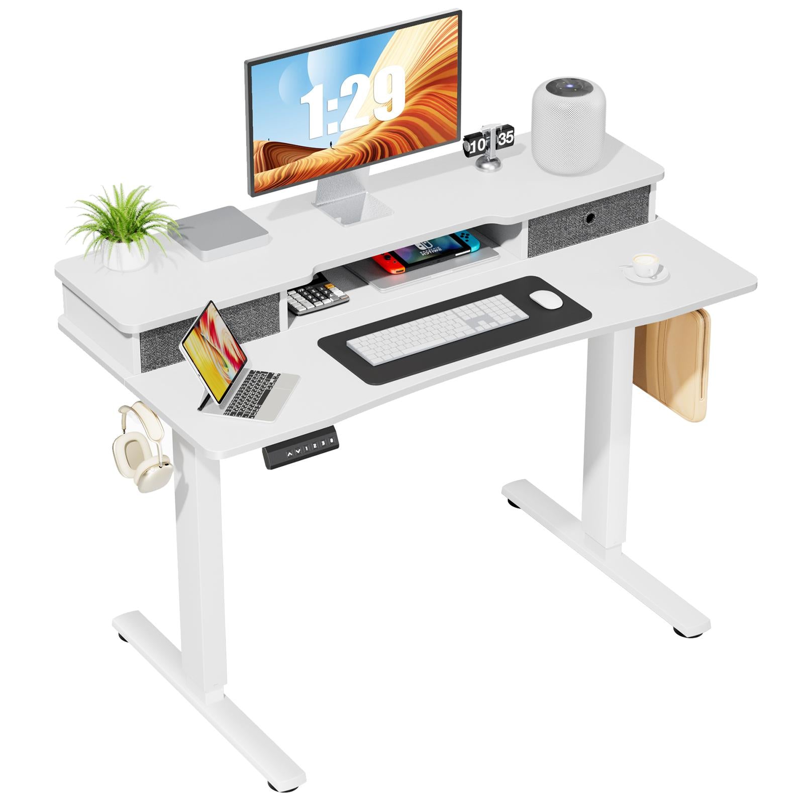 Height Adjustable Electric Standing Desk with Storage Shelf Double Drawer