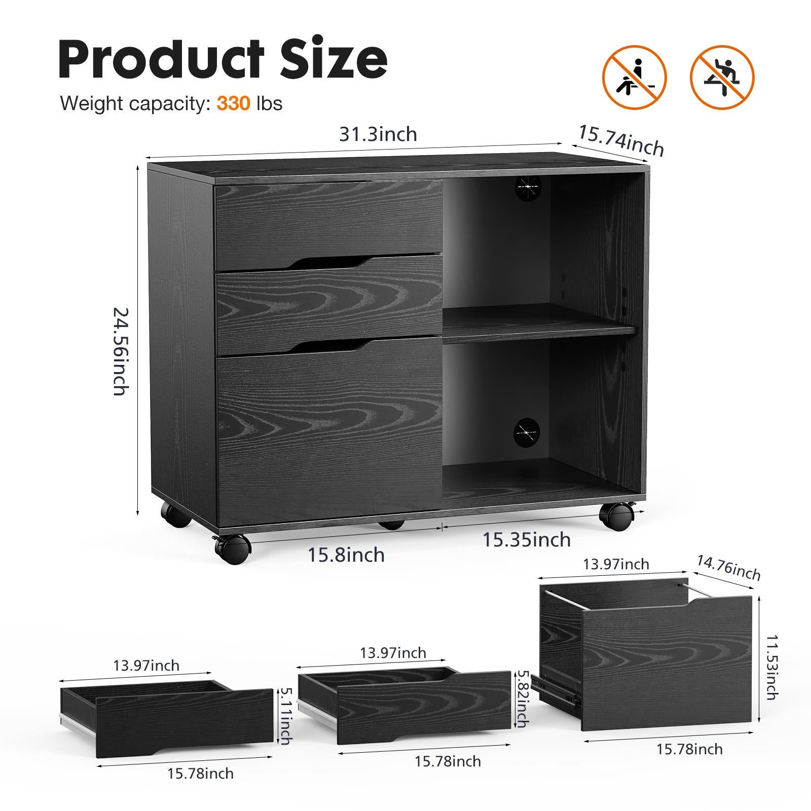 3 Drawer Filing Cabinet Wood Printer Stand with Storage Office Organize Cabinets with Wheels