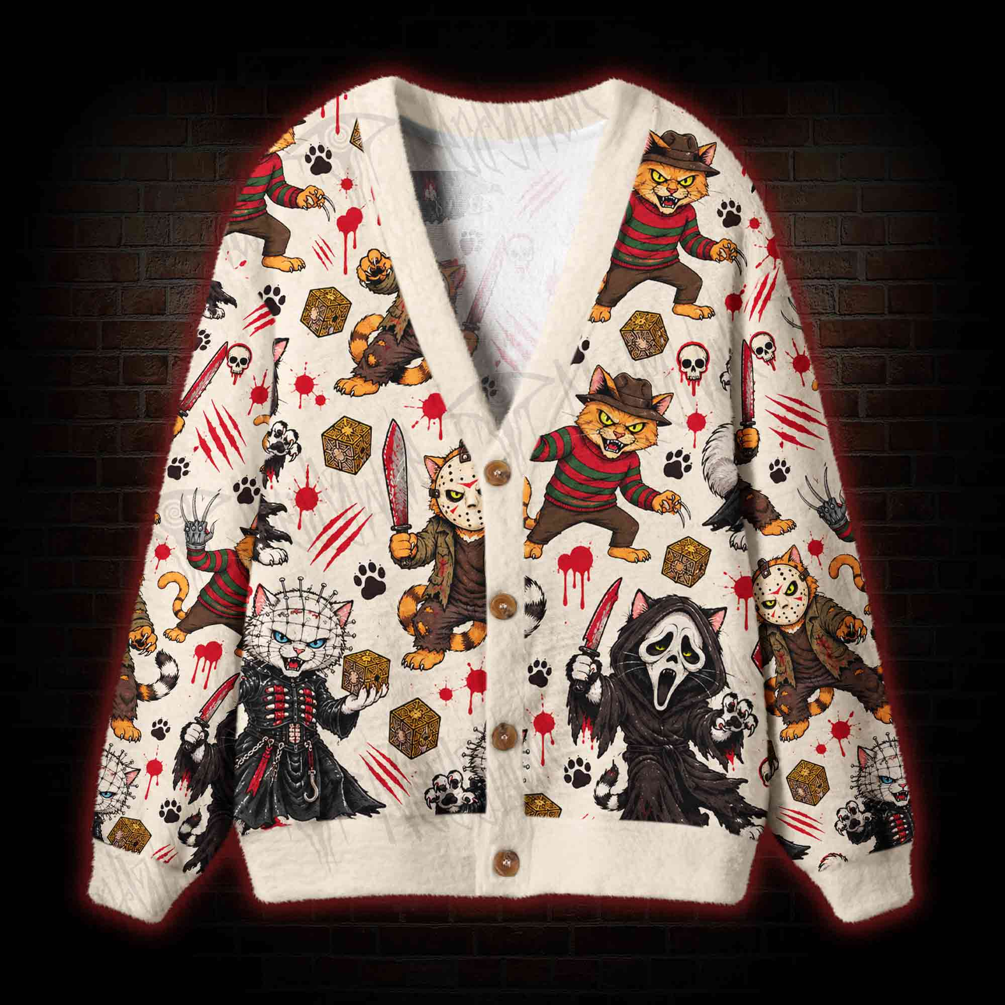 Creepy Cat Horror Cardigan Sweater