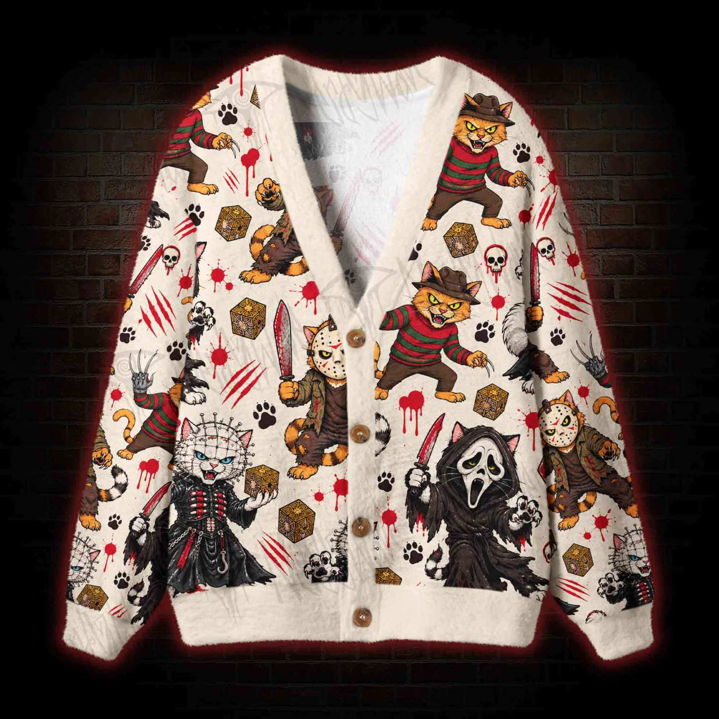 Creepy Cat Horror Cardigan Sweater