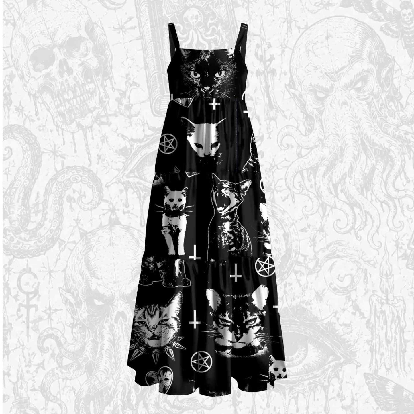 Angry Cat Punk Wide Straps Maxi Dress