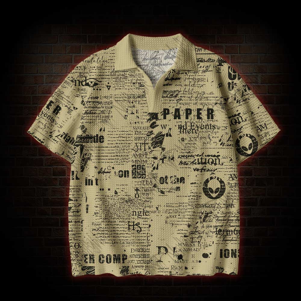 Alien Newspaper Crochet Knit Polo Shirt
