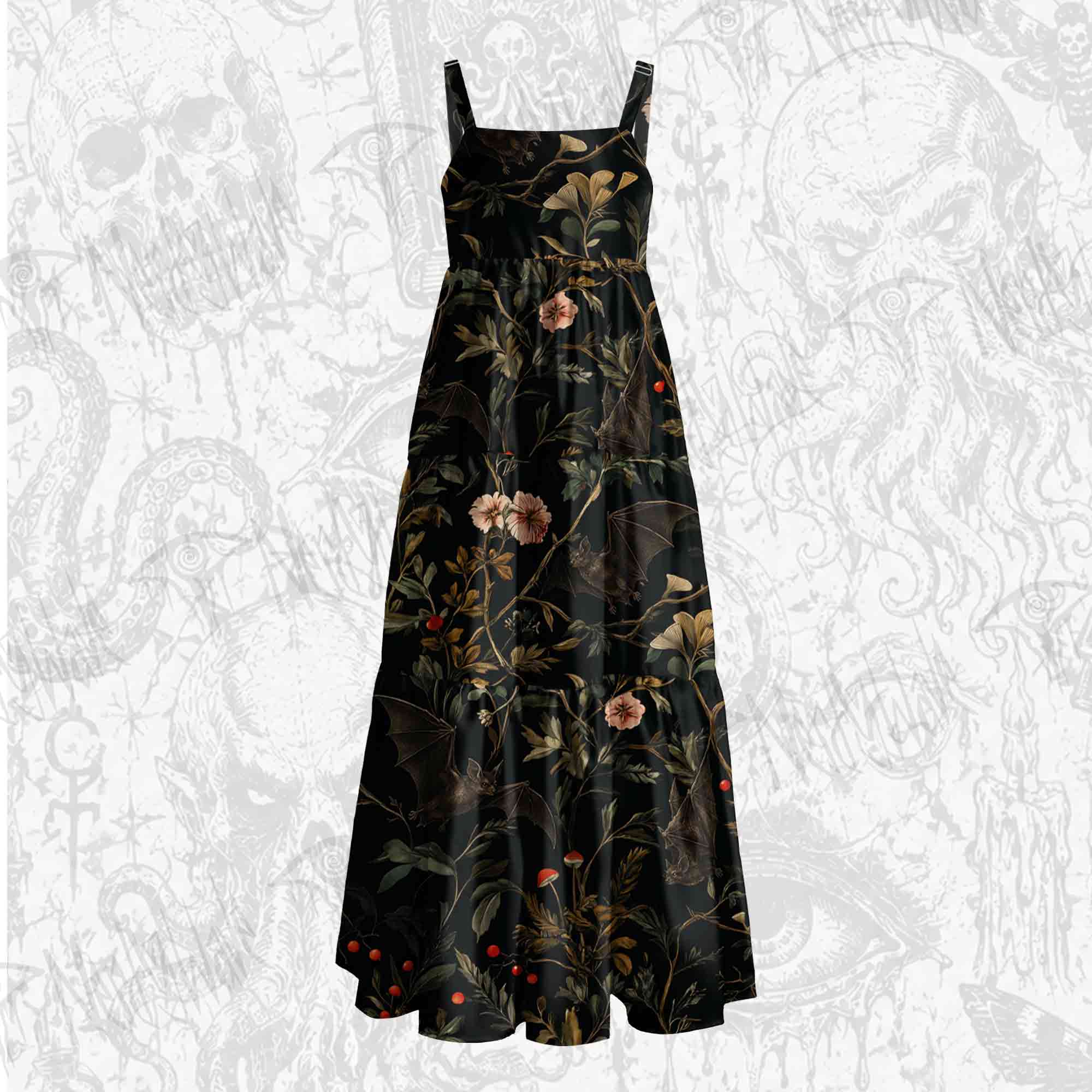 Vintage Botanical Bat Vine Floral Wide Straps Maxi Dress