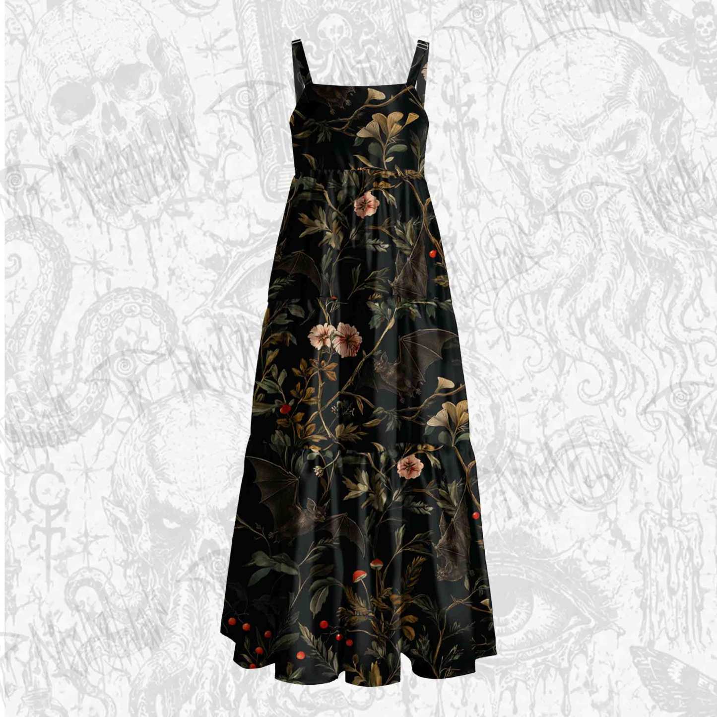 Vintage Botanical Bat Vine Floral Wide Straps Maxi Dress