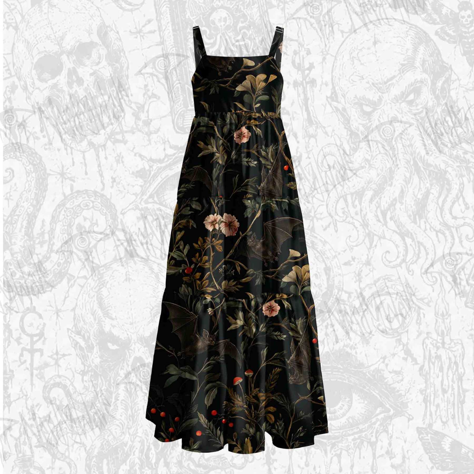 Vintage Botanical Bat Vine Floral Wide Straps Maxi Dress