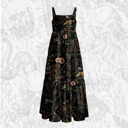 Vintage Botanical Bat Vine Floral Wide Straps Maxi Dress